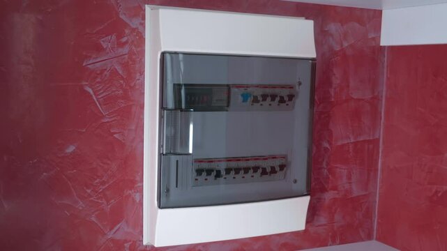 Home white electrical distribution board with mechanical electricity meter, rows of switches and, rows of switches and residual current device (RCD). Shot in motion