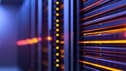 High-tech data center illuminated by vibrant lights, showcasing