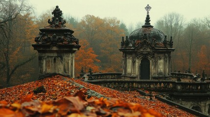 Obraz premium Autumn leaves cover chapel rooftop, misty forest backdrop