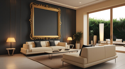"Modern Living Room Interior with ISO A Paper Size Poster Mockup – Elegant 3D Render Design"