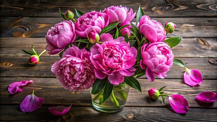 Obraz premium Aerial Pink Peony Bouquet in Vase, Wooden Background, Photography