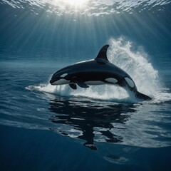 Fototapeta premium A powerful orca moving effortlessly in the deep blue sea.