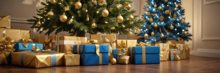 Golden presents and wrapping paper under a blue Christmas tree, tree decorations, festive colors