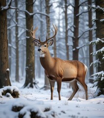 Graceful buck observing its surroundings in a snowy forest, woodland scenery, winter coat