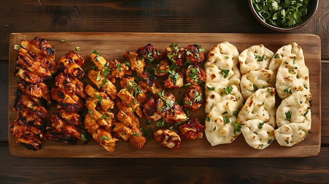 A basic pine board with an array of butter chicken and naan rolls