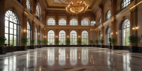 Grand hotel lobby with high ceilings and large windows, ornate chandeliers, large windows