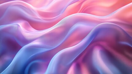 Obraz premium Abstract banner background with metallic iridescent fabric featuring flowing waves in soft pastel shades of pink, blue, and purple.