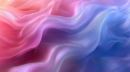 Fototapeta premium Abstract banner background with metallic iridescent fabric featuring flowing waves in soft pastel shades of pink, blue, and purple.