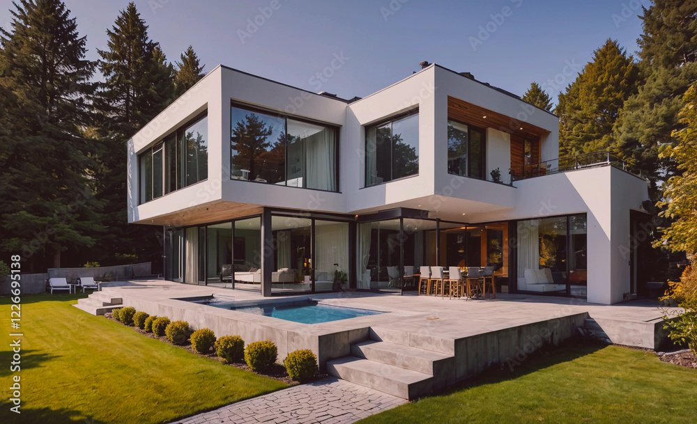 Poster A large white house with a pool and a patio. The house is surrounded by trees and has a modern design