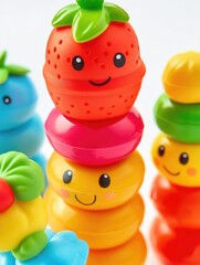 Obraz premium A stack of fruit shaped toys, including a strawberry, a banana, and a carrot. The toys are all smiling and appear to be happy