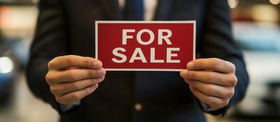 Manager displays for sale sign at luxury car showroom during busy afternoon