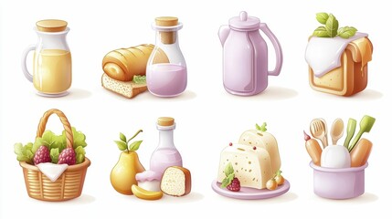 A collection of illustrated food items including milk, bread, fruits, and desserts, showcasing a vibrant and colorful array of fresh ingredients.