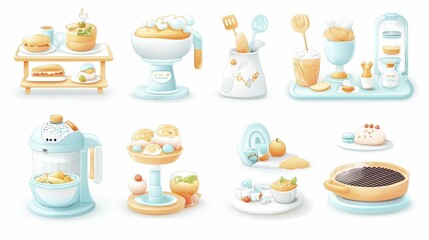 A colorful collection of baking utensils and desserts, featuring mixers, measuring tools, and stylish treats, all in a light, cheerful pastel theme.