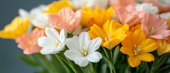 Obraz premium Macro photography of Easter flowers, fresh blossoms in yellow, white, and pink, softly glowing in natural sunlight