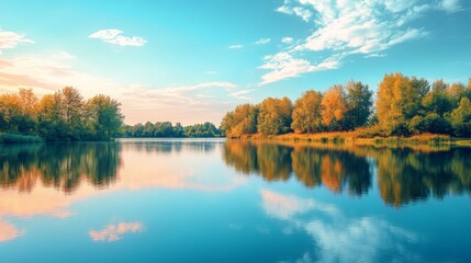 Obraz premium Serene Autumn Landscape with Reflective Lake and Colorful Trees