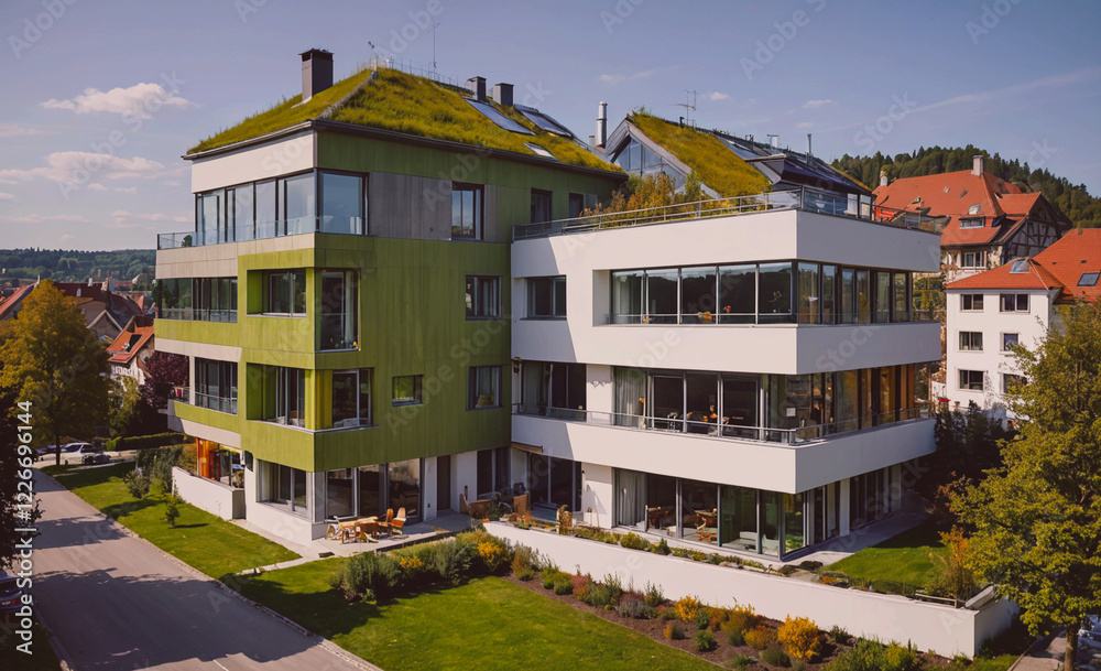 Poster a large building with a green roof and a white facade. the building has a lot of windows and he is a