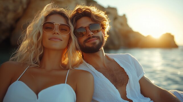 Couple enjoys a serene sunset on a luxury yacht while relaxing in a picturesque coastal setting