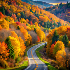Obraz premium Winding Beauty: Scenic Hilly Road Surrounded by Vibrant Autumn Trees