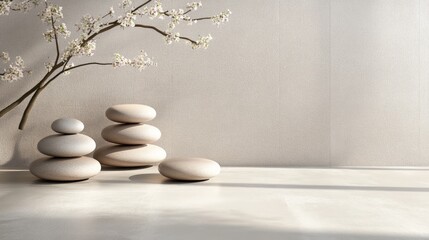 Serene Arrangement of Smooth Stones and Blossoms in Soft Light
