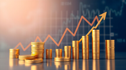 Studio shot photo of gold stock investment chart financial business market finance growth diagram on 3D background of trade money economy exchange graph profit. Generative AI