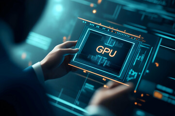 A person holds a digital display showcasing a GPU, highlighting technology and modern computing in a futuristic interface.