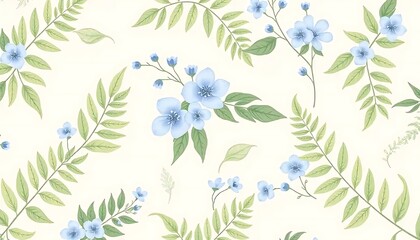 Delicate Light Blue Flowers and Green Leaves Pattern