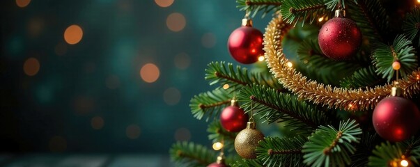 Obraz premium Christmas tree with ornaments and garlands hanging from branches, string lights, decorated christmas trees ornaments garlands