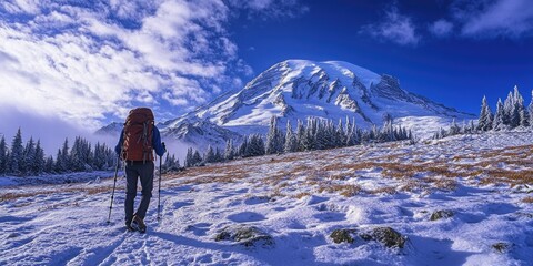 A person carrying hiking gear exploring an alpine area with snow-capped mountains in the background.