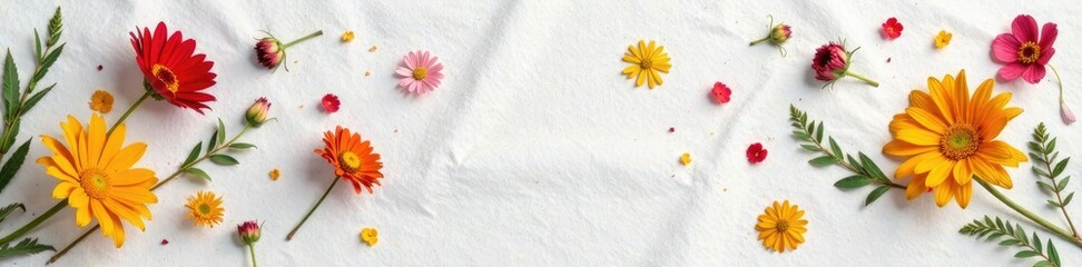 Dried flowers scattered on a plain white cloth, foliage, fabric, natural