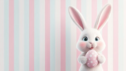 Obraz premium Easter bunny holding easter egg in front of a striped background
