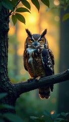 Forest creature sits quietly on a forked branch at dusk, owl, branch, leaves