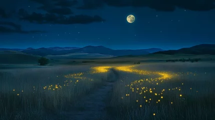 Enchanting Night Scene Firefly Path Under the Full Moon