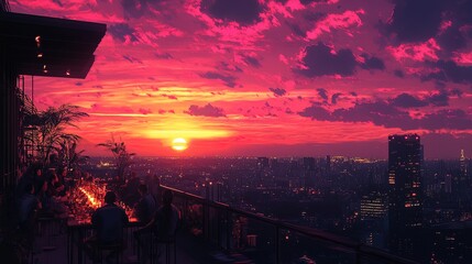 A stunning sunset view from a rooftop terrace, with people enjoying drinks and conversation, capturing the beauty of urban nightlife 