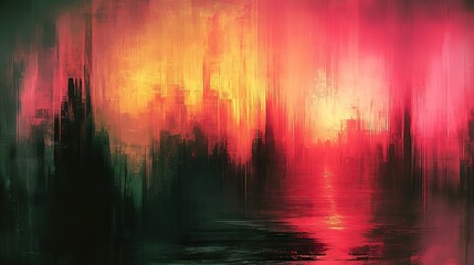 Abstract digital artwork with a green, pink, and black retro pixelated design, featuring blocky patterns, visual glitches, noise, and a vintage computer effect, ideal for a modern grunge poster.