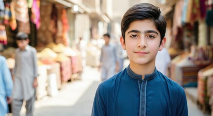 Fototapeta premium Young middle eastern boy in traditional attire at bustling marketplace