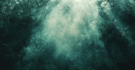 Ethereal mist envelops a dense forest, creating a mystical atmosphere with soft light rays