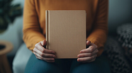 Naklejka premium person holding blank book in cozy setting, showcasing hands and warm colors.