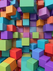 Fototapeta premium Geometric cubes in a variety of vibrant colors forming an abstract background, pattern, render