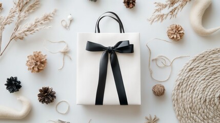 Fototapeta premium Elegant Gift Box with Black Ribbon Surrounded by Natural Decor Items