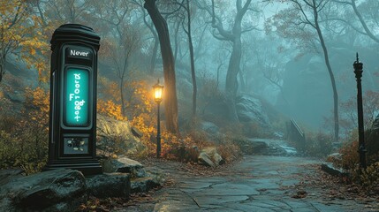 Autumnal park path, misty morning, digital sign, game ad