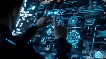 Person interacting with a futuristic holographic display in a dark environment