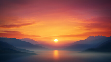 breathtaking sunset over tranquil mountains and serene lake, creating peaceful atmosphere