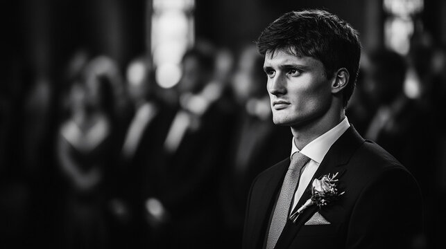 Elegant Groom Portrait Black White Wedding Photography Classic Style man tie suit image event guest 