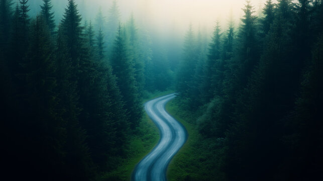 Winding road through dense evergreen forest in misty atmosphere.