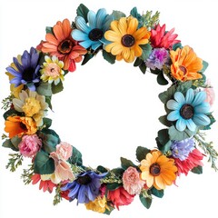 Obraz premium Vibrant Floral Wreath Decorated with Colorful Artificial Flowers for Home and Event Decoration