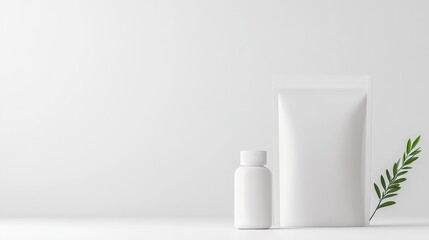 Minimalist display featuring white containers and green leaf acc