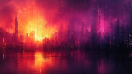 Fototapeta premium Abstract grunge glitch pixelated background in purple, orange, and pink with fragmented shapes evokes a cyberpunk design.