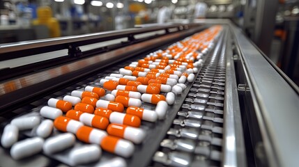 Fototapeta premium An automated packing line in a pharmaceutical company, highlighting the efficiency and precision in medication production 