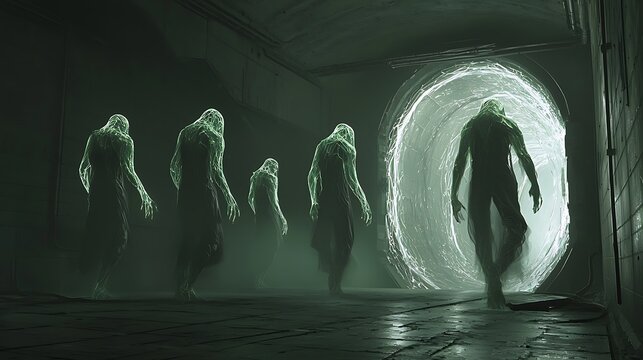 Creatures enter glowing portal, dark corridor