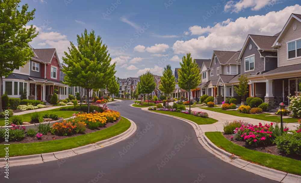 Poster a street with houses on both sides and a sidewalk. the houses are all different colors and styles. t